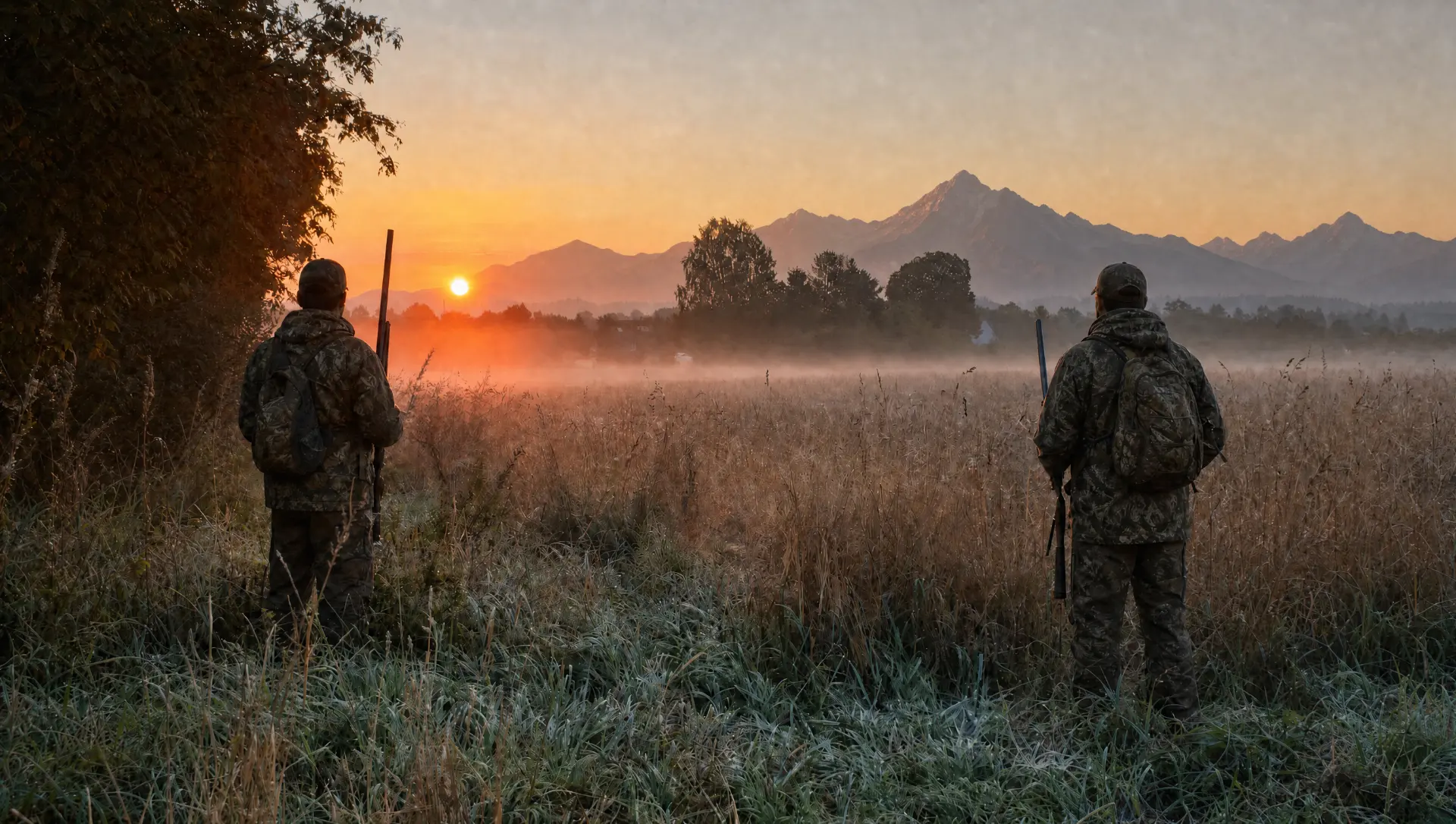 Two hunters overlooking a misty mountain valley at sunrise
